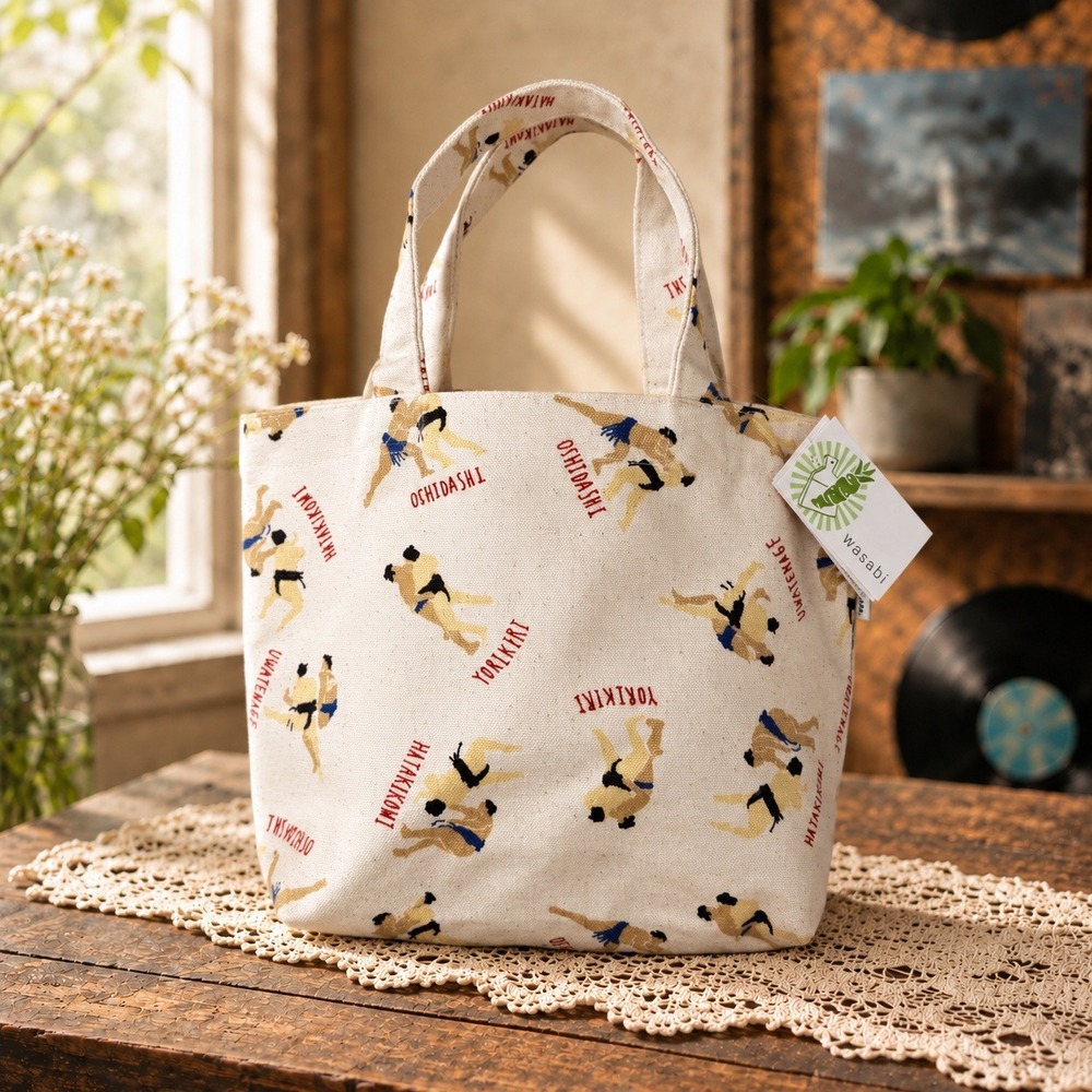 Wasabi Sumo Wrestler Graphic Canvas Mini Tote Bag Cream Red Japanese Print NWT
